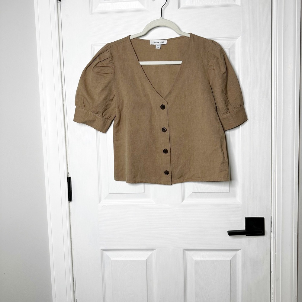 Amour Vert Linen Blend Puff Sleeve V Neck Button Up Top Khaki Brown XS
